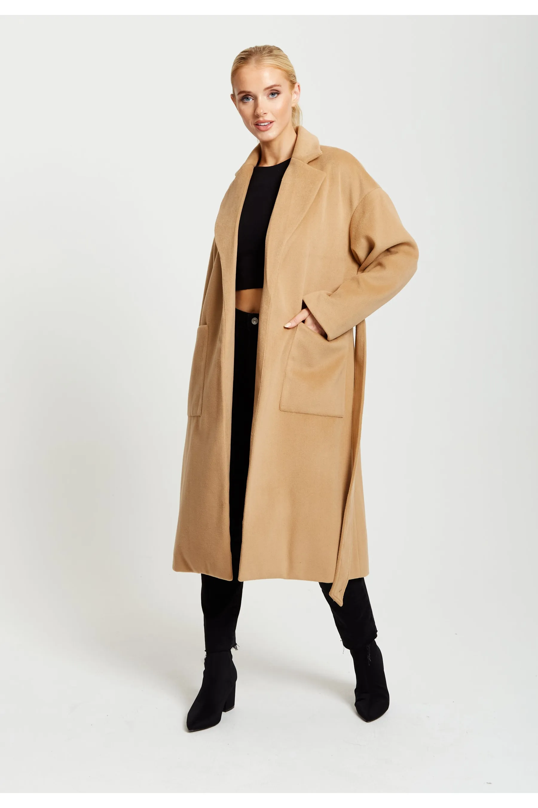 Liquorish Belted Longline Coat In Camel