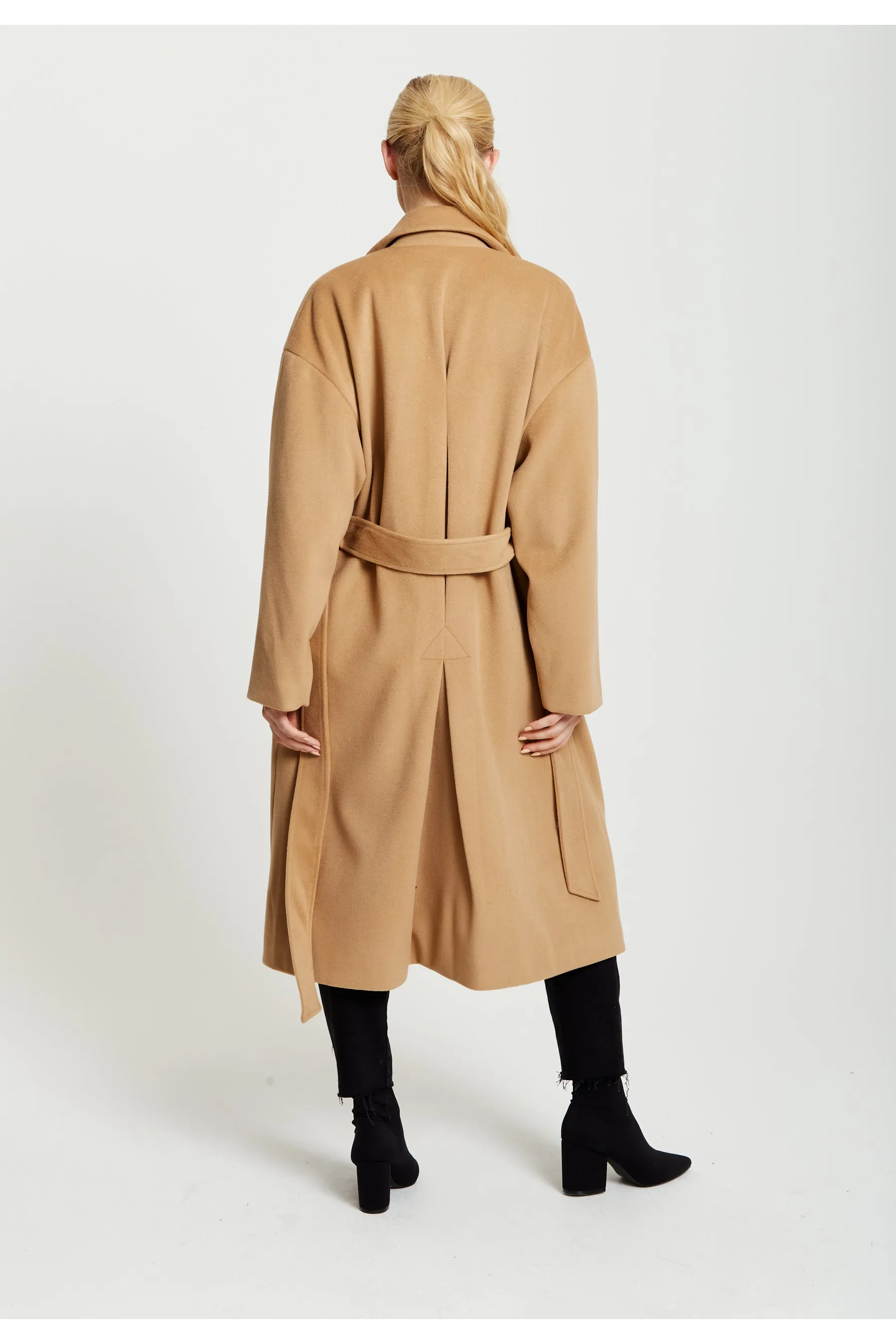 Liquorish Belted Longline Coat In Camel