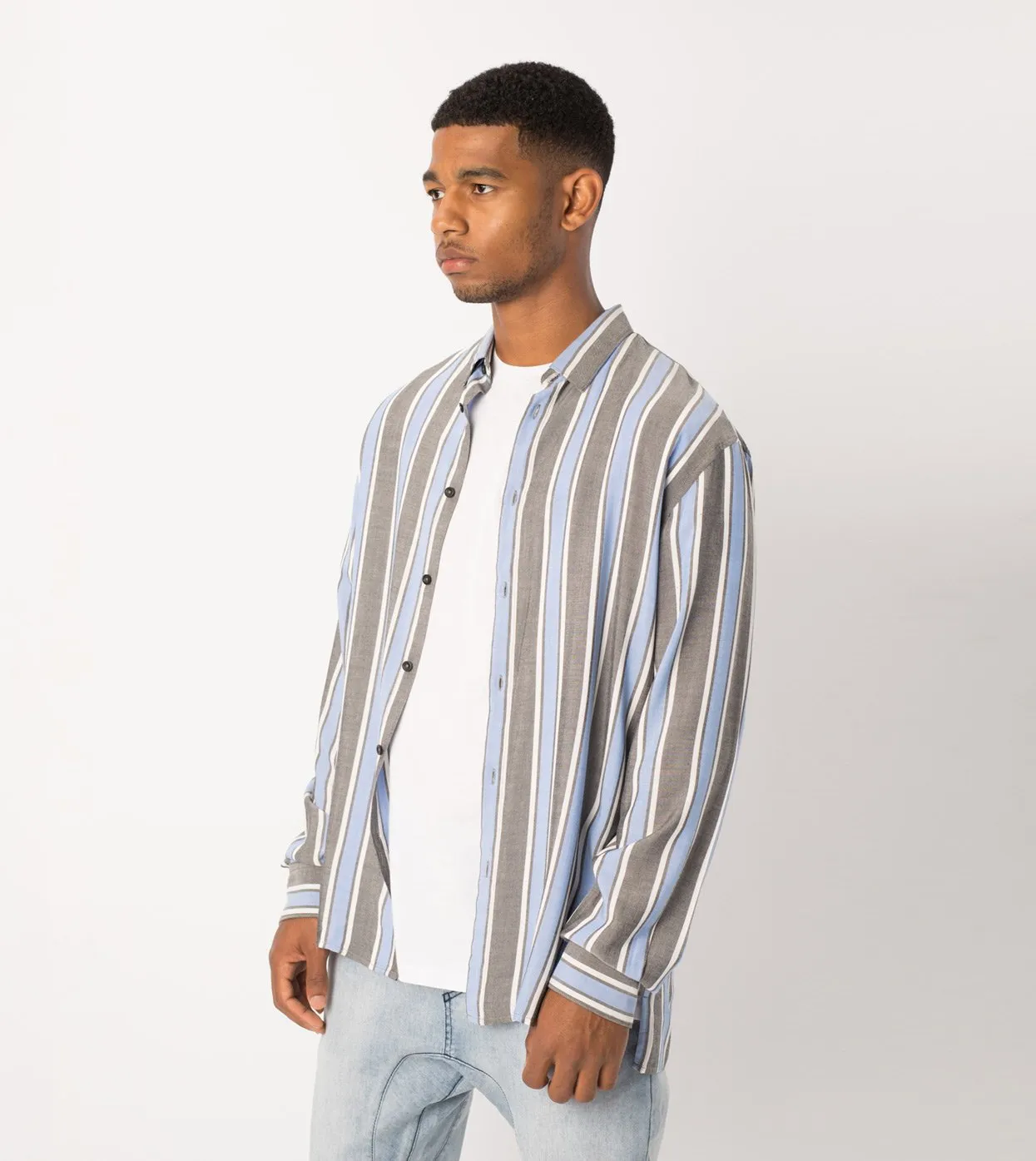Stripe Rayon LS Shirt Black/Cobalt - Sale