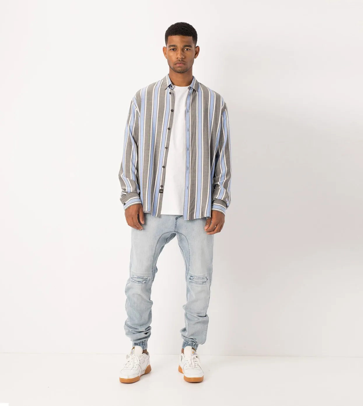 Stripe Rayon LS Shirt Black/Cobalt - Sale