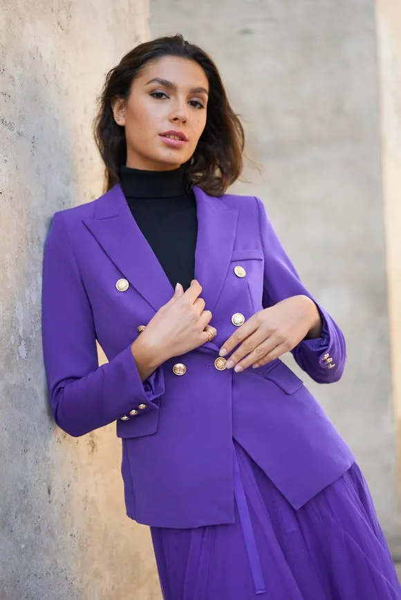 Timeless Fitted Blazer Jacket with Gold Double-Breasted Buttons Violet