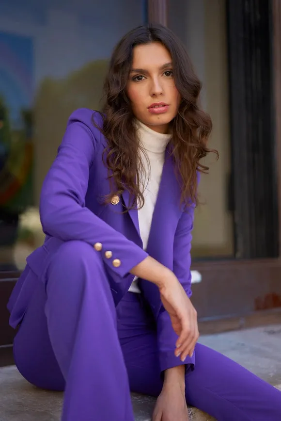 Timeless Fitted Blazer Jacket with Gold Double-Breasted Buttons Violet